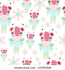 Seamless vector cartoon teddy - bee with flowers and trees illustration repeat background pattern