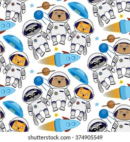 Seamless vector cat bear raccoon cosmos ufo flying saucer rocket star satellite pattern 