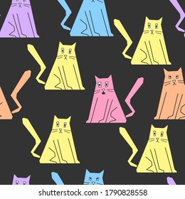 Seamless vector cat pattern. Endless background in graphic doodle style. Backgrounds for fabric, textile design, T-shirt print, wrapping paper or wallpaper.