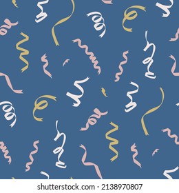 Seamless vector celebration pattern with confetti ribbons. Flying tinsel elements, serpentine streamers confetti falling party background.	