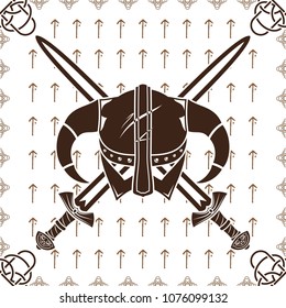 Seamless vector Celtic pattern. The vector image of two swords of the Viking and a horned helmet against the background of runes. Runes - Teiwaz - the warrior victory. Vector color background.