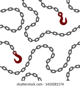 Seamless vector chain with steel hook. Isolated on white background.