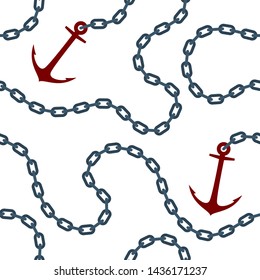 Seamless vector chain with steel red ship anchor. White background.