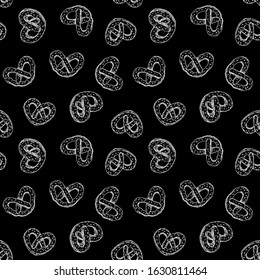 seamless vector chalk drawn pretzel pattern in vintage style isolated on black chalkboard. chalky sketch of Brezel traditional german snack on blackboard. Sweet pastry template. for menu, package.