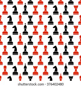 Seamless vector chaotic pattern with black and red chess pieces on the white background. Series of Gaming and Gambling Patterns.