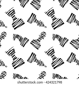 Seamless vector chaotic pattern with black decorative lined chess pieces. Black and white background. Series of Gaming and Gambling Patterns.