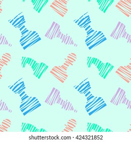 Seamless vector chaotic pattern with black decorative lined chess pieces. Blue background with colorful chessmen. Series of Gaming and Gambling Patterns.