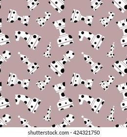 Seamless vector chaotic pattern with decorative dotted chess figures. Grey background with white and black chessmen. Series of Gaming and Gambling Patterns.