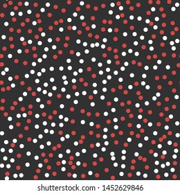 Seamless vector with chaotic red and black polka dots pattern on white. Graphic stylish classic background for fabric, textile, design, cover, wrapping.