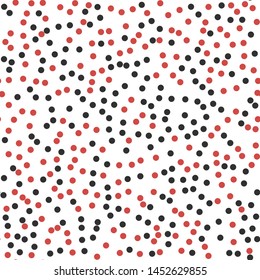 Seamless vector with chaotic red and black polka dots pattern on white. Graphic stylish classic background for fabric, textile, design, cover, wrapping.