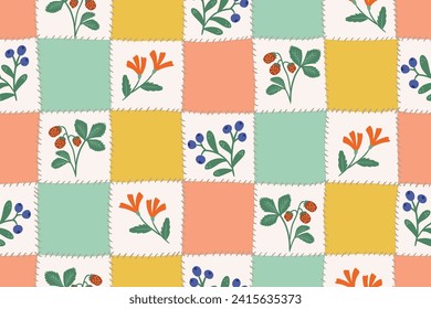 Seamless vector Cheater quilt patchwork berries and flowers, vector seamless pattern. pastel checks