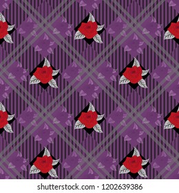 seamless vector check background with bouquets of violet flowers on tartan background.