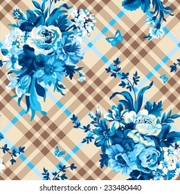 seamless vector check background with bouquets of flowers