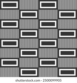 Seamless vector checkered pattern with filled and striped rectangle tiles. Flat design background. Black and white geometrical seamless pattern. Stylish vector background.