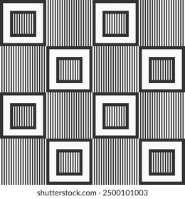Seamless vector checkered pattern with filled and striped square tiles. Flat design background. Black and white geometrical pattern. Stylish vector squares background.