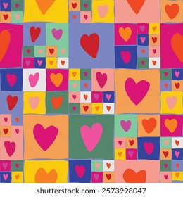 Seamless vector checkered pattern. Hand drawn checkerboard with colorful hearts. Valentines day colored checkers. Print design