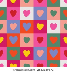 Seamless vector checkered pattern. Hand drawn checkerboard with colorful hearts. Valentines colored checkers.