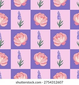 Seamless vector checkered pattern with peony and lavender flowers in pink and purple squares. Spring floral repeat for textile, wallpaper and print.