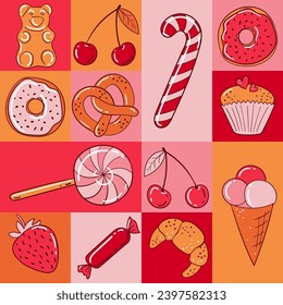 Seamless vector checkered pattern with sweets. Pink, red, orange squares and rectangles.Cherry berries, strawberries, cupcake, ice cream, donuts, candies, lollipops, croissant and marmalade bear.