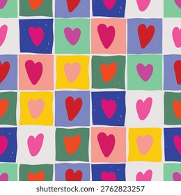 Seamless vector checkered pattern tile background. Hand drawn checkerboard with colorful hearts. Valentines day colored checkers. Fabric or wrapping paper