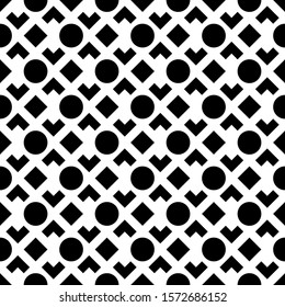 Seamless vector. Checks, circles, chevrons motif. Rhombuses, brackets, rounds ornament. Diamonds, curves, figures wallpaper. Squares, shapes pattern. Geometric background. Abstract backdrop.