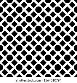 Seamless vector. Checks, circles motif. Rhombuses, rounds ornament. Diamonds, figures wallpaper. Squares, shapes pattern. Geometric background. Web design illustration, abstract backdrop.