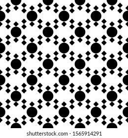 Seamless vector. Checks, circles motif. Rhombuses, rounds ornament. Diamonds, figures wallpaper. Squares, shapes pattern. Geometric background. Web design illustration, abstract backdrop.