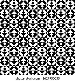 Seamless vector. Checks, triangles, figures motif. Rhombuses, triangular shapes ornament. Diamonds, forms wallpaper. Squares, polygons pattern. Geometric background. Web design illustration, abstract.