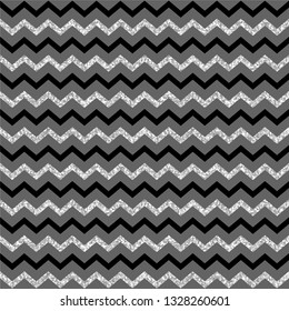 Seamless vector chevron pattern with silver glitter and black stripes on grey background