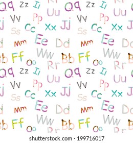 Seamless vector childish pattern with cartoon, funny and cute zoo alphabet in vector. ABC. Illustration with colorful animals letters.