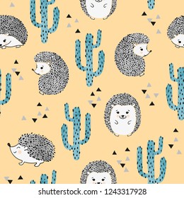 Seamless vector childish pattern with cute watercolor hedgehog and cactus.