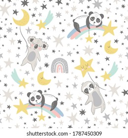 Seamless vector childish pattern with cute koala, panda, sloth, moon, stars. Creative scandinavian style kids texture for fabric, wrapping, textile, wallpaper, apparel.