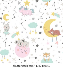 Seamless Vector Childish Pattern With Cute Unicorn, Bear, Koala, Bunny, Moon, Stars, Constellations. Creative Scandinavian Style Kids Texture For Fabric, Wrapping, Textile, Wallpaper, Apparel.