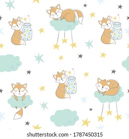 Seamless vector childish pattern with cute foxes, clouds and stars. Creative scandinavian style kids texture for fabric, wrapping, textile, wallpaper, apparel.