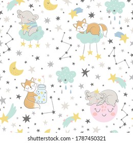 Seamless vector childish pattern with cute fox, elephant, moon, stars, clouds, constellations. Creative scandinavian style kids texture for fabric, wrapping, textile, wallpaper, apparel.