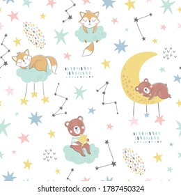 Seamless vector childish pattern with cute fox, bear, moon, stars, constellations. Creative scandinavian style kids texture for fabric, wrapping, textile, wallpaper, apparel.