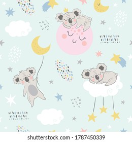 Seamless vector childish pattern with cute koalas, clouds, moon, stars. Creative scandinavian style kids texture for fabric, wrapping, textile, wallpaper, apparel.