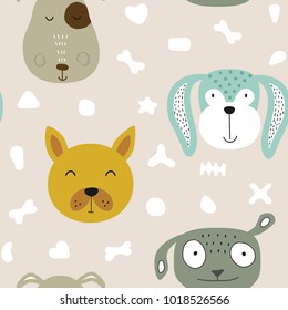Seamless vector childish pattern with dog animal faces as backround or texture for kids design, fabric, wrapping, wallpaper, textile in simple style