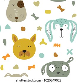 Seamless vector childish pattern with dog animal faces as backround or texture for kids design, fabric, wrapping, wallpaper, textile