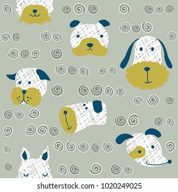 Seamless vector childish pattern with dog animal faces as backround or texture for kids design, fabric, wrapping, wallpaper, textile