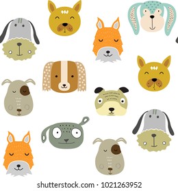Seamless vector childish pattern with dog animal faces as backround or texture for kids design, fabric, wrapping, wallpaper, textile