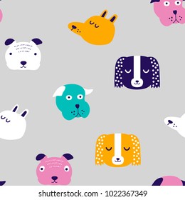 Seamless vector childish pattern with dog animal faces as backround or texture for kids design, fabric, wrapping, wallpaper, textile
