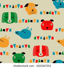 Seamless vector childish pattern with dog animal faces as backround or texture for kids design, fabric, wrapping, wallpaper, textile