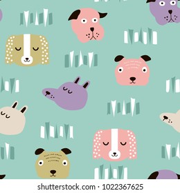 Seamless vector childish pattern with dog animal faces as backround or texture for kids design, fabric, wrapping, wallpaper, textile