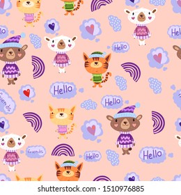 Seamless vector childish pattern with funny animals, rainbows and bubbles. Winter characters with hats and scarfs. Creative Scandinavian kids texture for fabric, wrapping, wallpaper, apparel.