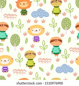 Seamless vector childish pattern with funny animals, leaves, trees and waves. Tropical animals in the forest. Creative Scandinavian kids texture for fabric, wrapping, wallpaper, apparel.