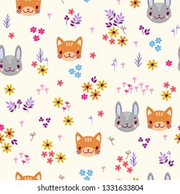 Seamless vector childish pattern with heads of cute animals and small flowers. kitten and bunny in the meadow
