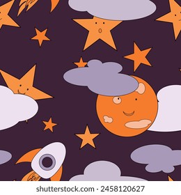 Seamless vector childish pattern of stars and clouds on a dark purple background.
