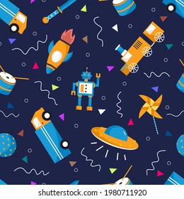 Tren de juguetes infantiles vectoriales sin inconveniente, robot, camión, cohete, bola, tambor, rueda de piñones, ufo y espada aislados en fondo azul oscuro. Fondo de vectores para textiles, tela, papel, juegos