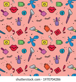 Seamless vector children's design for fabric, cover design, production, wallpaper, printing, gift wrapping and scrapbooking. Lips, brush, nail polish.